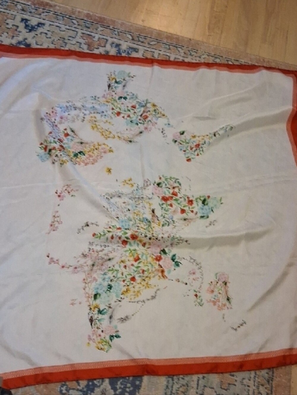 Alviero Martini La Classe 100% Silk Floral Scarf with Coral Trim 34" Square